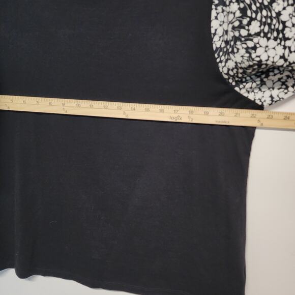 Talbots Floral Puff Sleeve Top Size XL Black Stretch Keyhole Ribbed Round Neck - Picture 9 of 11